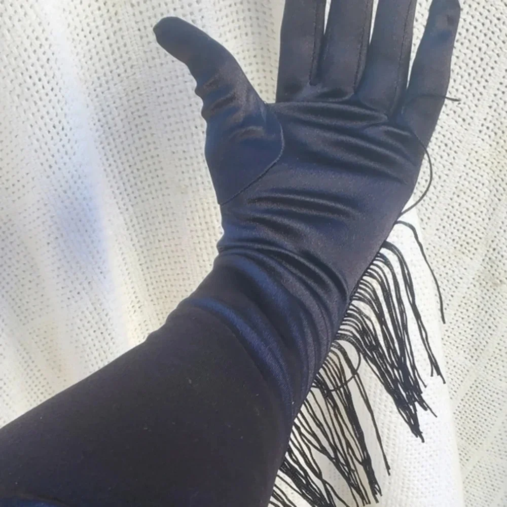 Black Satin Long Fringe‎ Gloves  NWT